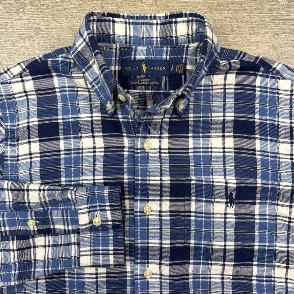 Ralph Lauren performance flannel shirt men's small blue plaid classic fit preppy